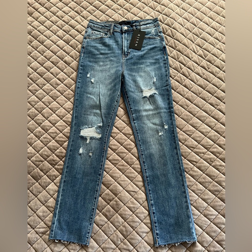 NWT Risen Distressed high rise relaxed skinny jeans